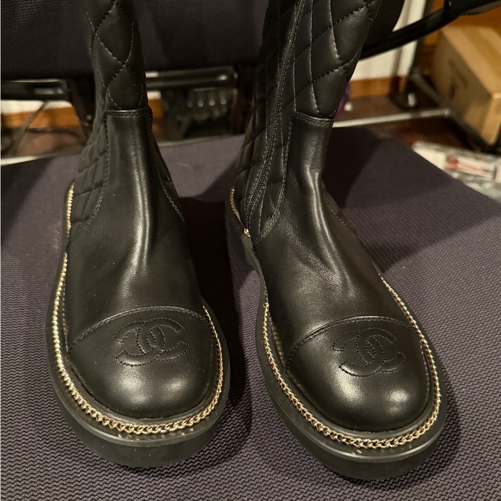 CHANEL Black Leather Combat Boots with Chunky Soles